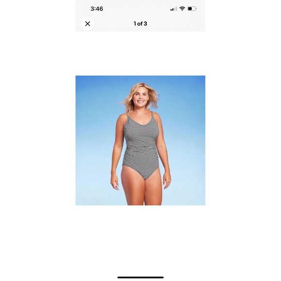 NWT Kona Sol One Piece Swimsuit Black White Textured Gingham Ruched Medium - Picture 6 of 7